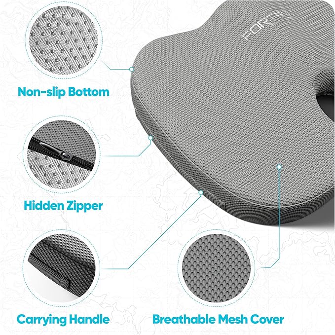FORTEM Seat Cushion, Office Chair Cushion, Desk Chair Memory Foam, Sciatica Coccyx Tailbone Pain Relief, Pressure Relief, Sitting Pad, for Long Gaming & Sitting, Washable Cover, Non Slip, XL