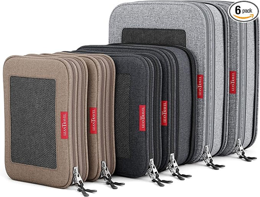 LeanTravel Premium Compression Packing Cubes for Travel - Suitcase Organizer Bags with Double Zipper & Breathable Mesh Panel - Space Saving Carry On Luggage Essentials (6-Pack, Grey, Black, Brown)