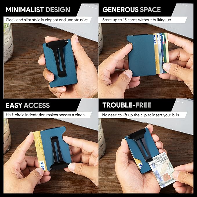 Carbon Fiber Minimalist Wallet for Men Credit Card Holder Money Clip & Cash Strap Slim RFID Mens Wallets(Matte Navy)