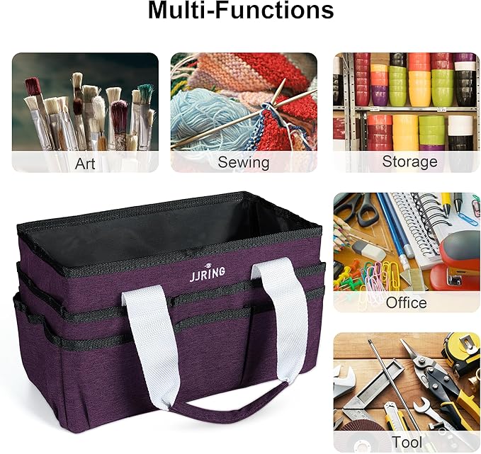 JJRING Craft Organizer Tote Bag, Art Storage Caddy with Multiple Pockets, Deep Purple Sewing Bag for Art, Craft, Scrapbooking, Medical, and Office Supplies Storage