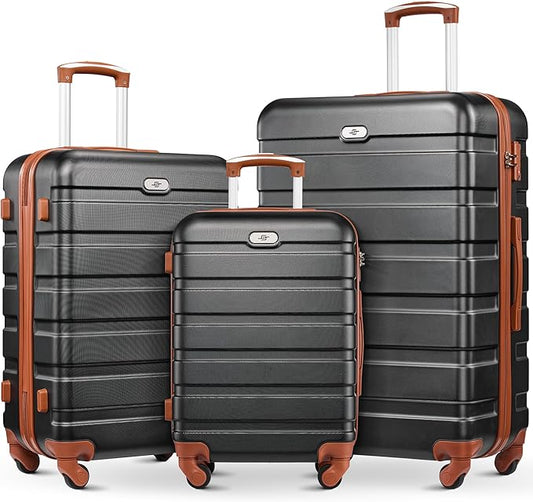 Suitour Luggage 3 Piece Sets Hard Shell Luggage Set with Spinner Wheels, TSA Lock, 20 24 28 inch Travel Suitcase Sets (Black Brown)