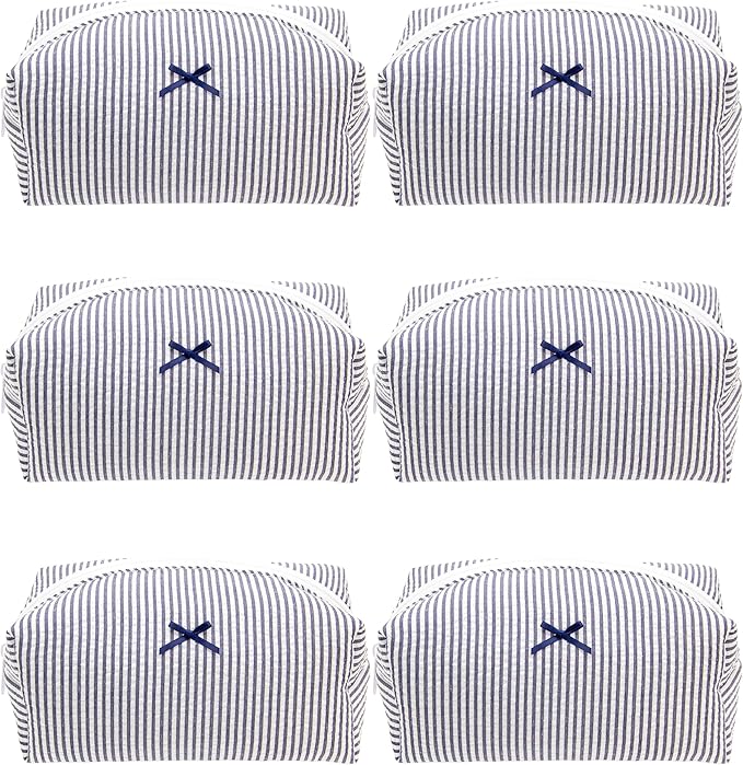 PAZIMIIK 6PCS Cozy Makeup Bag Small Aesthetic Travel Zipper Cosmetic Pouch for Women Make Up Beauty Accessories Brushes, Stripe Navy Blue