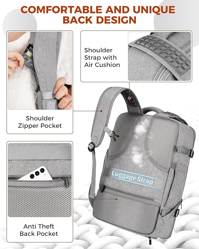 Vancropak Carry on Backpack, Flight Approved 18x14x8 Travel Backpack with 3 Packing Cubes, Expandable Large 40L Travel Bag fits 17.3" Laptop, Anti Theft Luggage Suitcase Weekend for Women Men, Grey