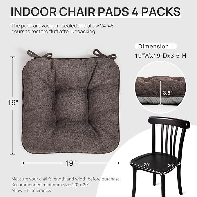 Love's cabin Memory Foam Chair Cushions Set of 4, 19"x19"x3.5" Indoor & Outdoor Seat Pads for Dining, Kitchen, Office, Patio Chairs - Coffee
