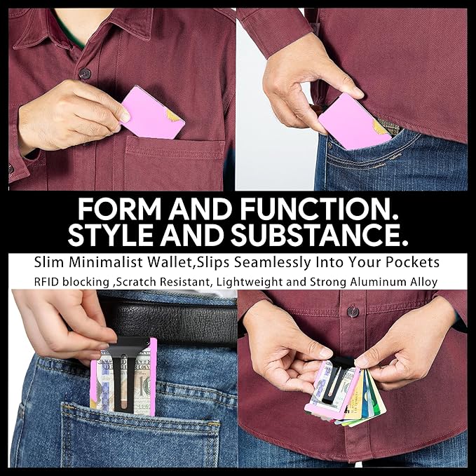 Carbon Fiber Minimalist Wallet for Men Credit Card Holder Money Clip & Cash Strap Slim RFID Mens Wallets(Matte Pink)