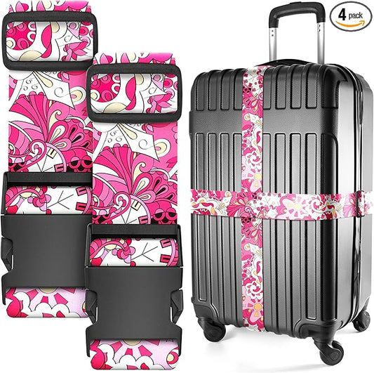 Luggage Straps for Suitcases - TSA Approved - Pink Geometric, 4 PK - Premium Belts for Suitcase, Briefcase & Travel Bag - Adjustable Strap Length 41" - 78"