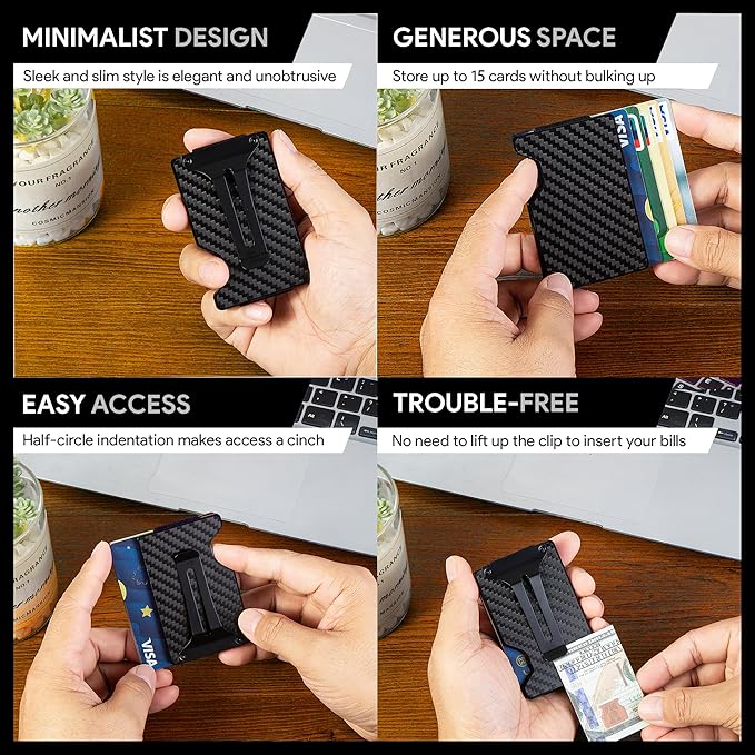 Carbon Fiber Minimalist Wallet for Men Credit Card Holder Money Clip & Cash Strap Slim RFID Mens Wallets(Matte Carbon Fiber)