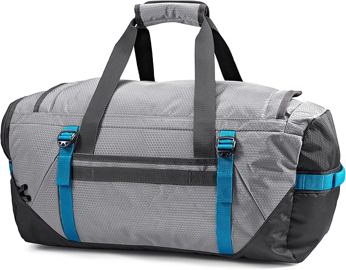 High Sierra Fairlead Convertible Duffel Bag, Lightweight and Durable Weekender Duffel, easily converts into backpack, 64L Capacity, Steel Gray/Mercury/Blue