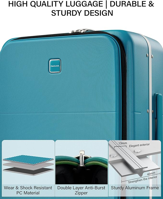 Hanke 20 Inch Top Opening Carry On Luggage, Hard Shell Suitcase with Cup Holder,USB Charging Port, Aluminum Frame with TSA Lock, 8 Spinner Wheels, Dry-Wet Separation Removable Dividers,Caribbean Blue