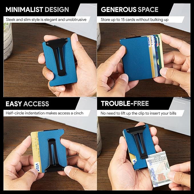 Carbon Fiber Minimalist Wallet for Men Credit Card Holder Money Clip & Cash Strap Slim RFID Mens Wallets(Matte Blue)