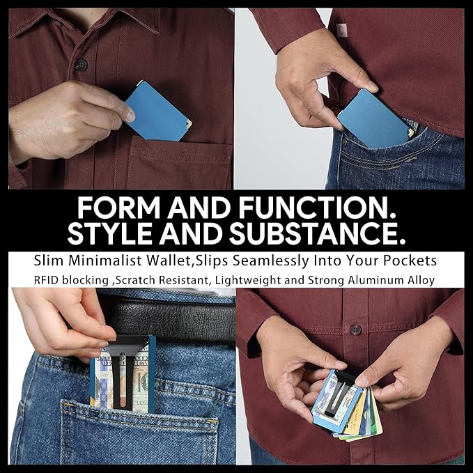 Carbon Fiber Minimalist Wallet for Men Credit Card Holder Money Clip & Cash Strap Slim RFID Mens Wallets-Matt Blue