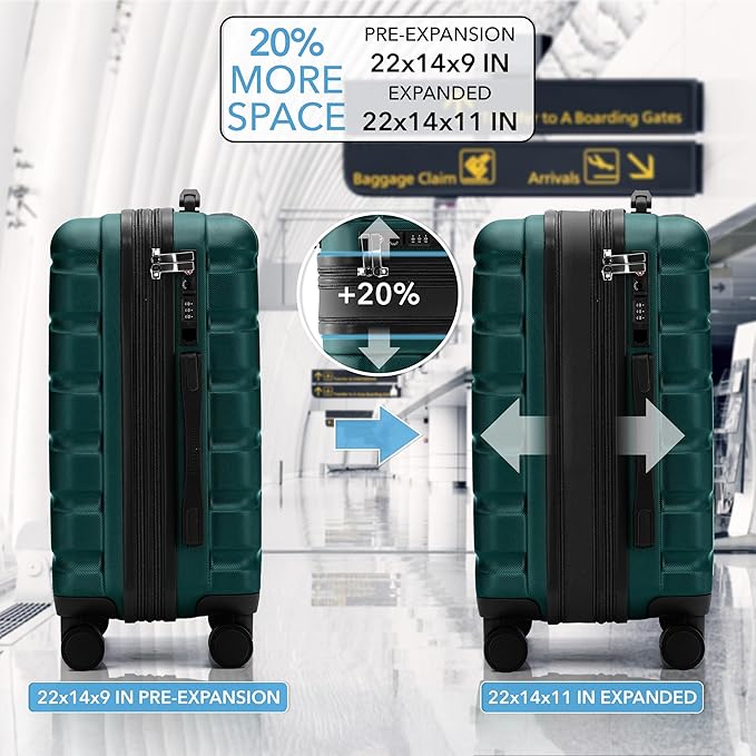 Flight Knight 22x14x9" Expandable Carry On Suitcase Hardside TSA Lock USB C Port Lightweight Luggage Silent Double Spinner Wheels Maximum Overhead Carry-On Bag For American & United Approved Airlines