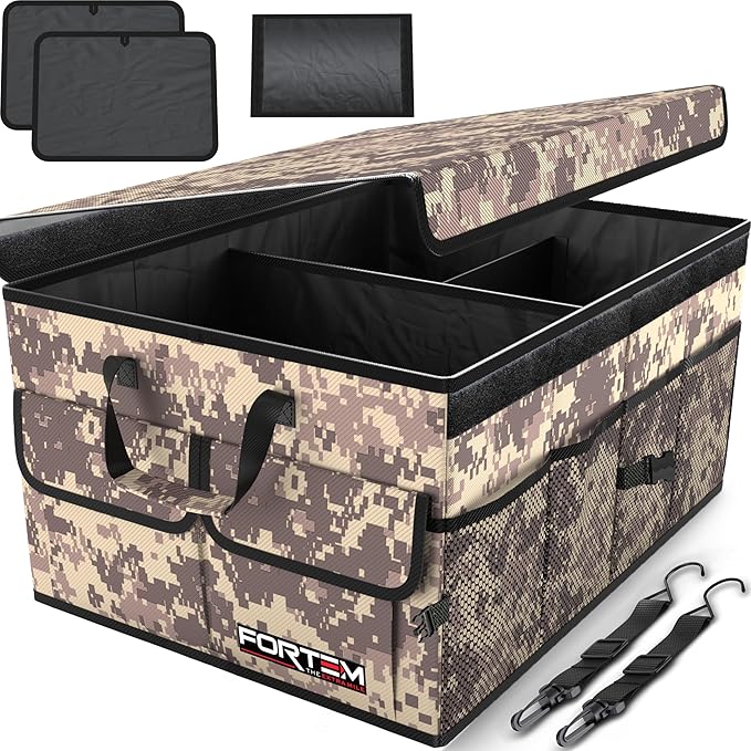 FORTEM Car Trunk Organizer - Collapsible Multi Compartment SUV Trunk Organizer, Non Slip Bottom, Adjustable Securing Straps, Soft Cover 50L (Desert, Standard)