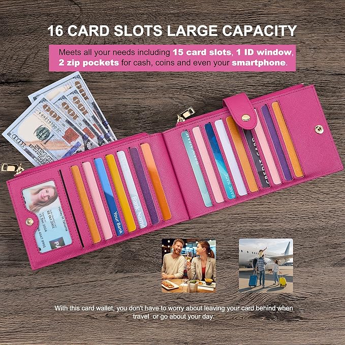 Travelambo RFID Wallet Women Large Size Bifold Multi Card Wallet Case with Zipper Pocke Credit Card Holder for Women