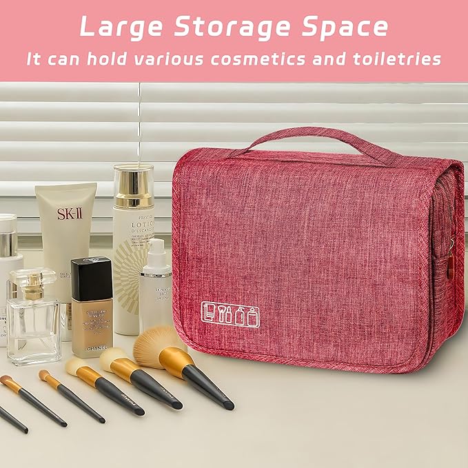Toiletry Bag Travel Bag with Hanging Hook, Waterproof Capacity Hanging Multifunctional Makeup Bag for Toiletries, Portable Cosmetic Bag Travel Organizer for Women and Men (Red)