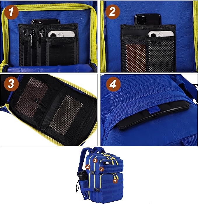 LHI Military Tactical Backpack for Men and Women 45L Army 3 Days Assault Pack Bag Large Rucksack with Molle System - Blue with yellow zipper
