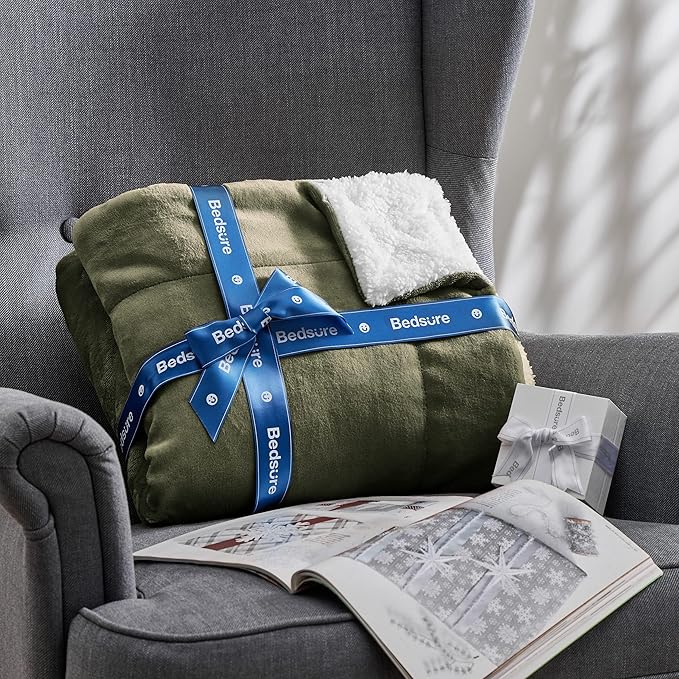 Bedsure GentleSoft Sherpa Fleece Twin Size Blanket for Couch, Non-Heated, Thick and Warm Throw for Women and Men, Soft Fuzzy Plush Twin Blanket for Winter, Olive Green, 60x80 Inches
