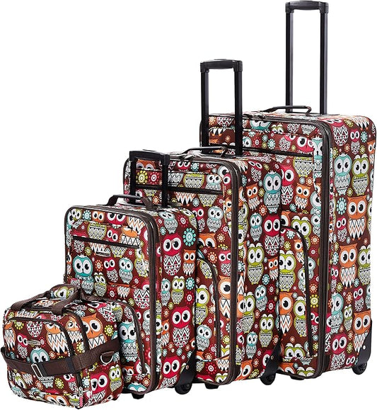 Rockland Jungle Softside Upright Luggage Set, Expandable, Owl, 4-Piece (14/29/24/28)