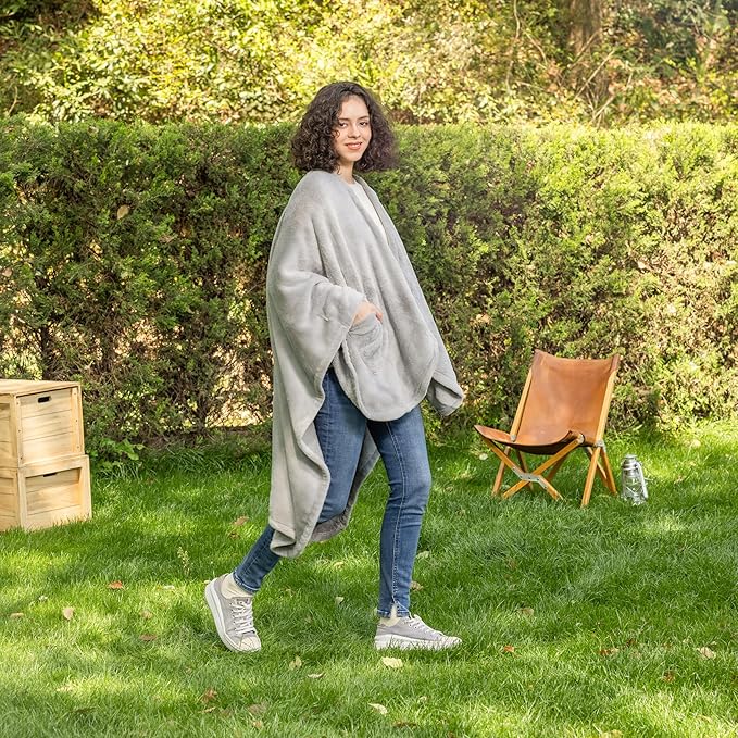 Berkshire Blanket Primalush™ Wearable Blanket, Cozy Loungewear Pocketed Plush Cape Wrap for Adults & Teens(Pebble Gray, One Size 58"X64")