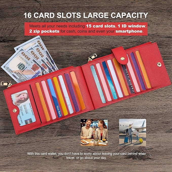 Travelambo RFID Wallet Women Large Size Bifold Multi Card Wallet Case with Zipper Pocke Credit Card Holder for Women