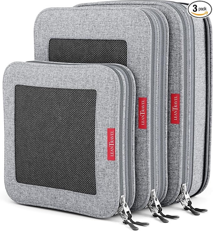 LeanTravel Premium Compression Packing Cubes for Travel - Suitcase Organizer Bags with Double Zipper & Breathable Mesh Panel - Space Saving Carry On Luggage Essentials (3-Pack, Grey)
