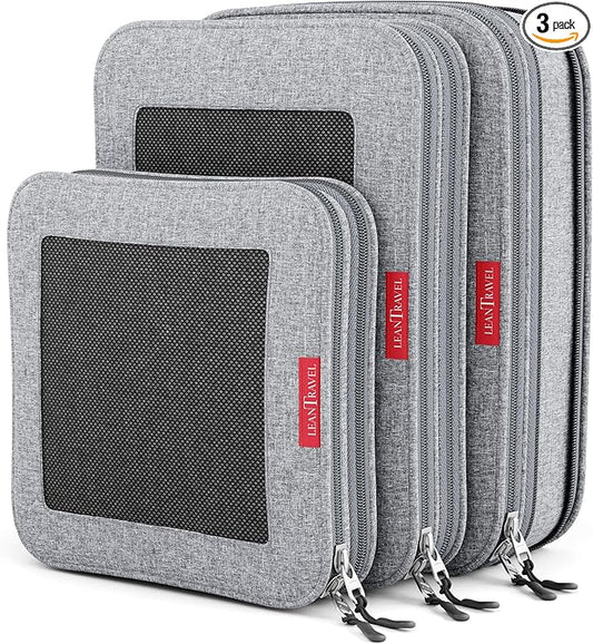 LeanTravel Premium Compression Packing Cubes for Travel - Suitcase Organizer Bags with Double Zipper & Breathable Mesh Panel - Space Saving Carry On Luggage Essentials (3-Pack, Grey)