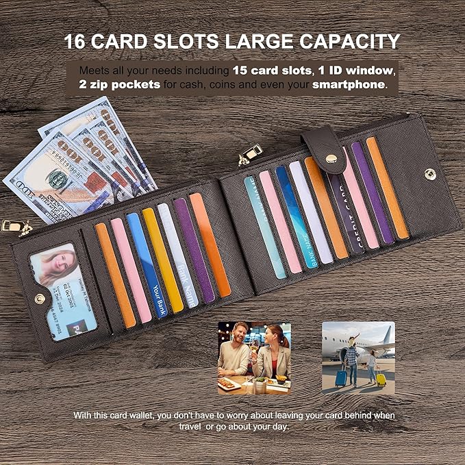 Travelambo RFID Wallet Women Large Size Bifold Multi Card Wallet Case with Zipper Pocke Credit Card Holder for Women
