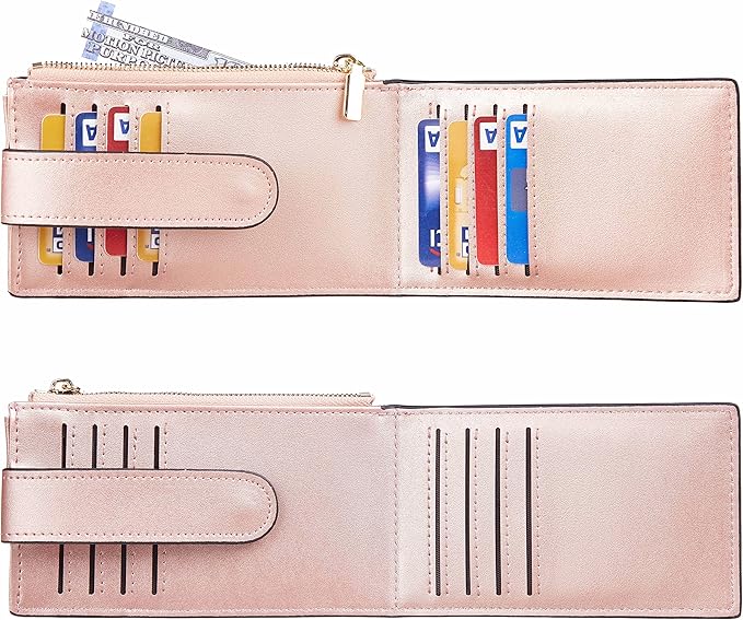 Chelmon Womens Wallet Slim RFID Blocking Bifold Multi Card Case Wallet with Zipper Pocket (Rose Gold CLassic)