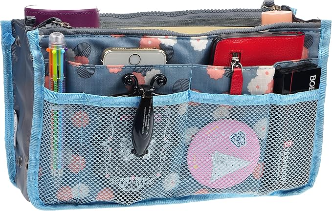 Vercord Purse Organizer Insert for Handbags Bag Organizers Inside Tote Pocketbook Women Nurse Nylon 13 Pockets Blue Flower Small