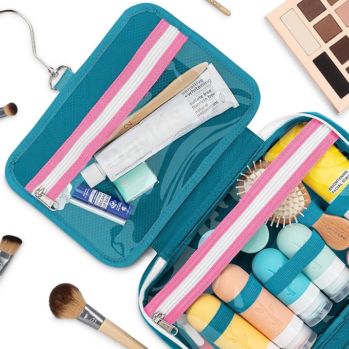 Eco Sun Hanging Travel Toiletry Bag — Designed in Hawaii — Water-Resistant Travel Organizer for Bathroom Accessories (Teal/Hot Pink)