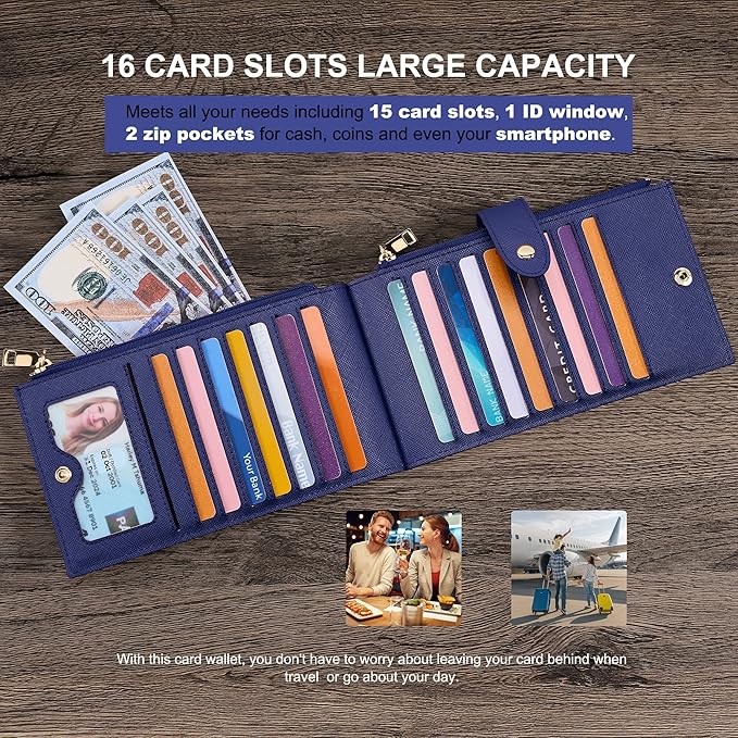 Travelambo RFID Wallet Women Large Size Bifold Multi Card Wallet Case with Zipper Pocke Credit Card Holder for Women