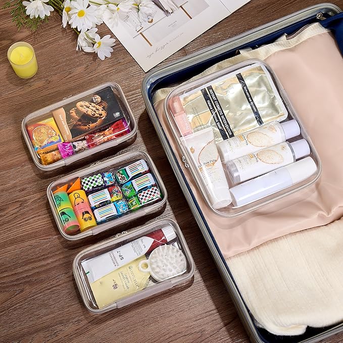 4 pcs Clear Zipper Pouches,Hard Shell Zipper Case, Toiletry Bag for Travel, CLear Diaper Bag, Toiletry Pouch, Travel Organizer, Cosmetic Bag,Toy Storage Bins (M+3S) (Gray)