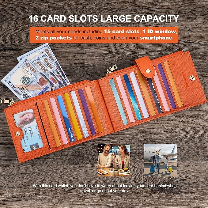 Travelambo RFID Wallet Women Large Size Bifold Multi Card Wallet Case with Zipper Pocke Credit Card Holder for Women