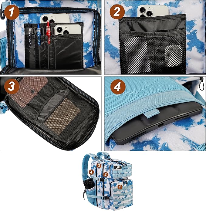 LHI Military Tactical Backpack for Men and Women 45L Army 3 Days Assault Pack Bag Large Rucksack with Molle System - Light blue tie-dye