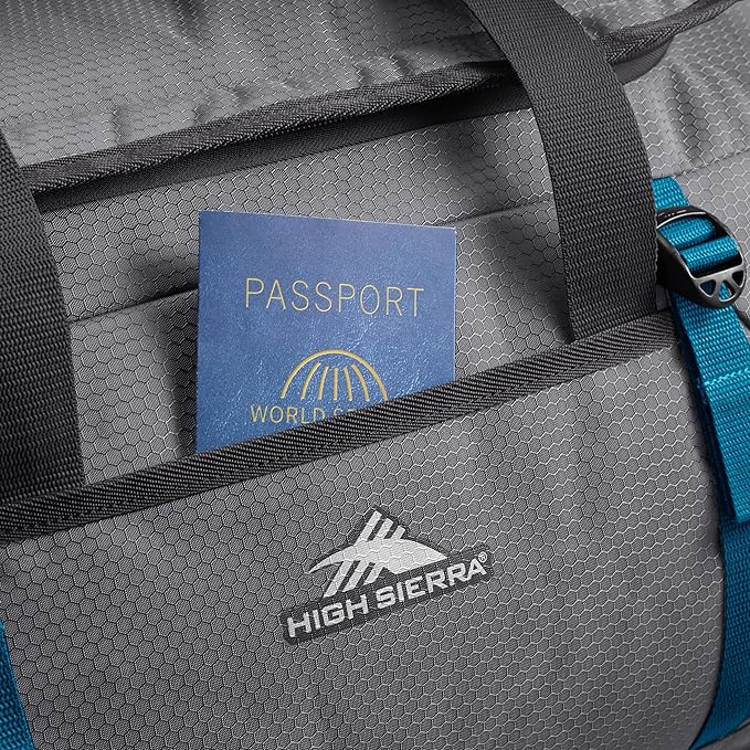 High Sierra Fairlead Convertible Duffel Bag, Lightweight and Durable Weekender Duffel, easily converts into backpack, 64L Capacity, Steel Gray/Mercury/Blue