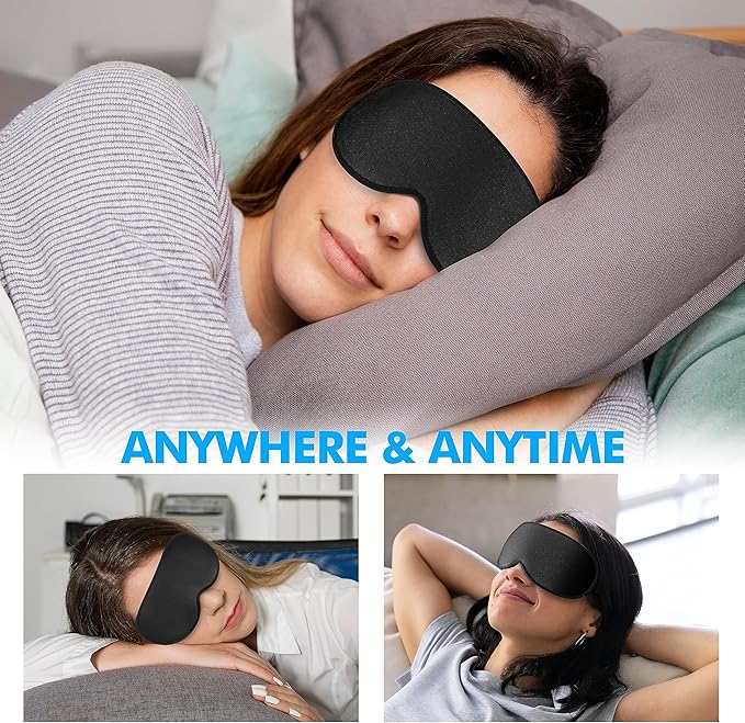 Sleep Eye Mask for Men Women, Sleeping Mask for Side Sleeper, Travel Blackout Night Blindfold Eye Shade Cover with Adjustable Strap (Black-Side Sleeper)