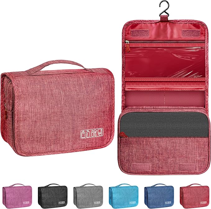 Toiletry Bag Travel Bag with Hanging Hook, Waterproof Capacity Hanging Multifunctional Makeup Bag for Toiletries, Portable Cosmetic Bag Travel Organizer for Women and Men (Red)
