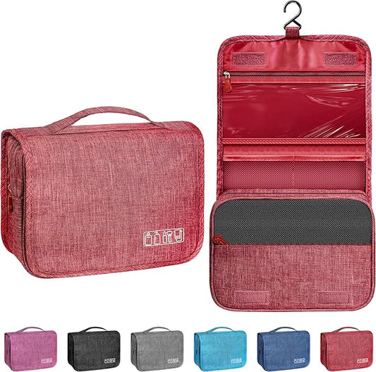 Toiletry Bag Travel Bag with Hanging Hook, Waterproof Capacity Hanging Multifunctional Makeup Bag for Toiletries, Portable Cosmetic Bag Travel Organizer for Women and Men (Red)