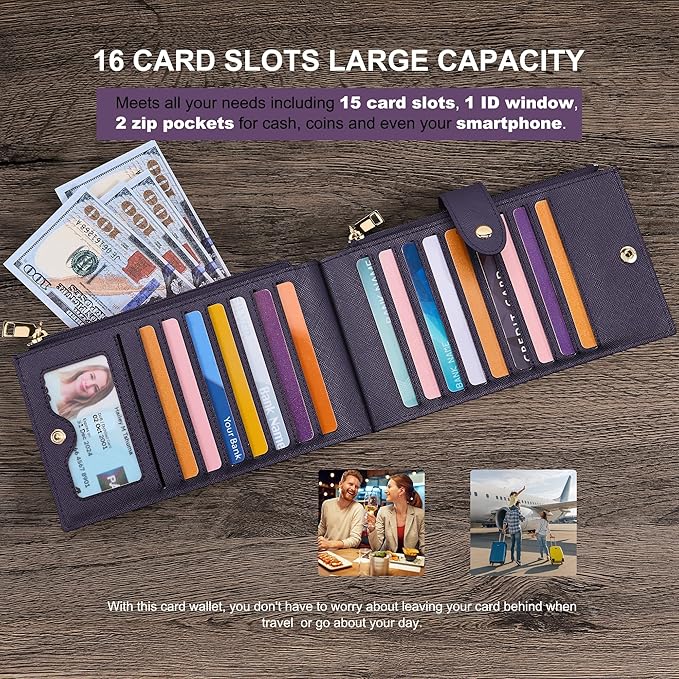 Travelambo RFID Wallet Women Large Size Bifold Multi Card Wallet Case with Zipper Pocke Credit Card Holder for Women