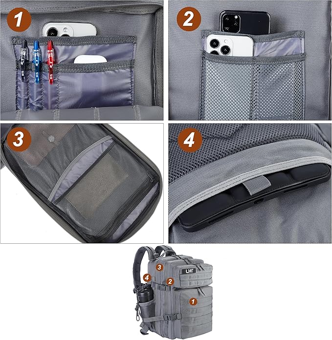 LHI Military Tactical Backpack for Men and Women 45L Army 3 Days Assault Pack Bag Large Rucksack with Molle System - Grey
