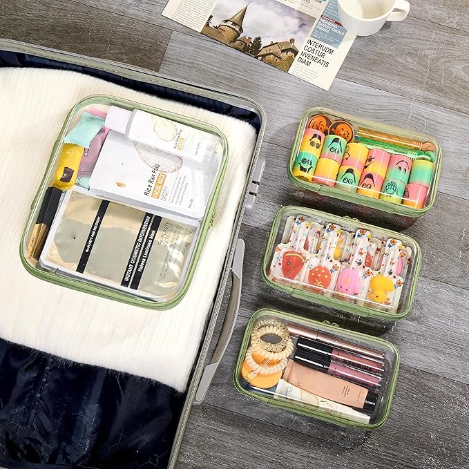 4 pcs Clear Zipper Pouches,Hard Shell Zipper Case, Toiletry Bag for Travel, CLear Diaper Bag, Toiletry Pouch, Travel Organizer, Cosmetic Bag,Toy Storage Bins (M+3S) (Mint Green)