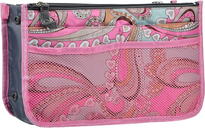 Vercord Purse Organizer Insert for Handbags Bag Organizers Inside Tote Pocketbook Women Nurse Nylon 13 Pockets Pink Flowers Large
