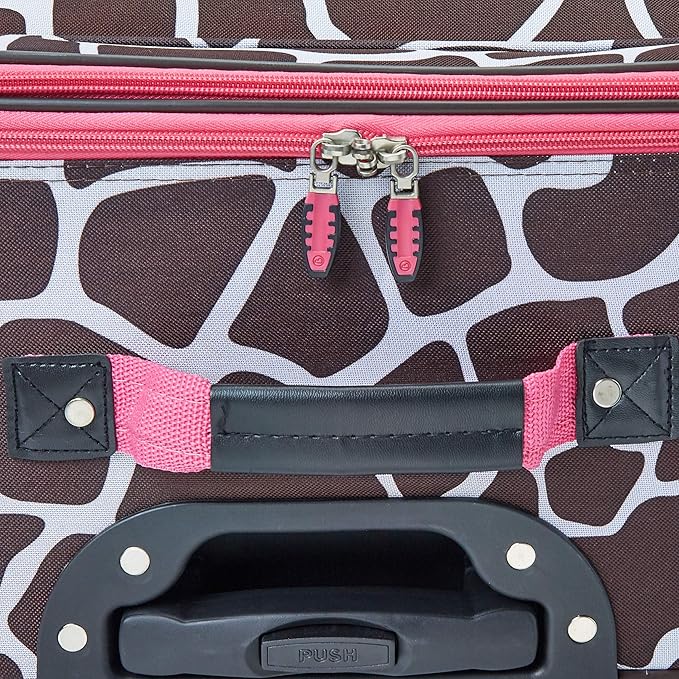 Rockland Fashion Softside Upright Luggage Set, Telescoping Handles, Pink Giraffe, 4-Piece (14/19/24/28)