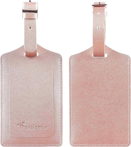 Travelambo Luggage Tags for Suitcases Faux Leather Privacy Protection 2 Pack Bag Tags Travel Accessories Essential, Rose Gold