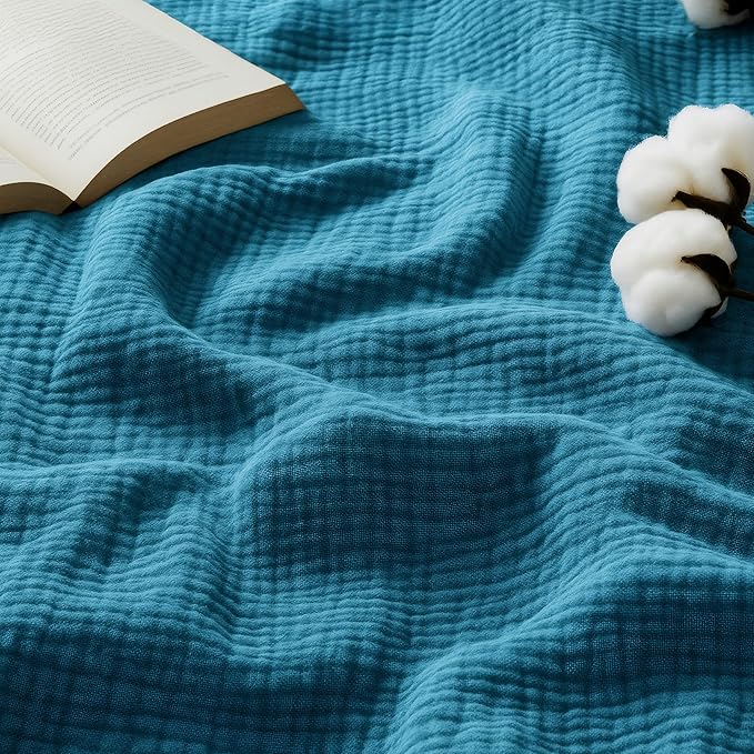 Bedsure 100% Cotton Muslin Blanket Queen Size for Bed - 4-Layer Breathable and Lightweight Thin Soft Summer Gauze Muslin Blankets for Adults, Teal, 90x90 Inches