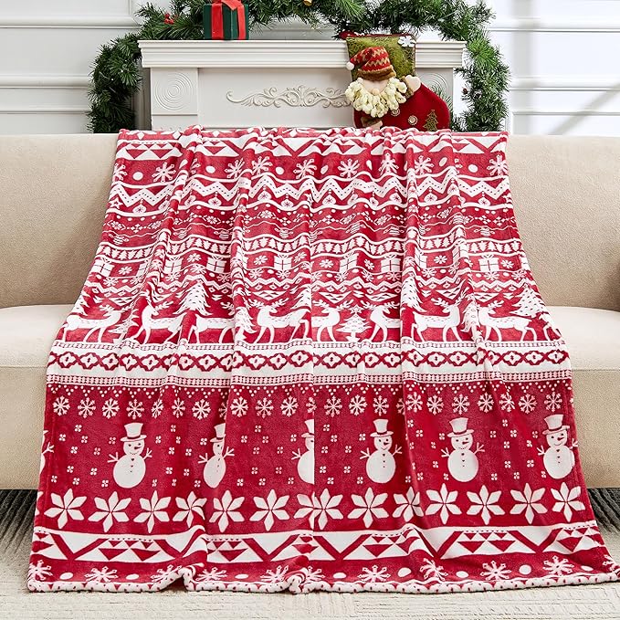 Christmas Blanket Soft Cozy Fleece Throws with Snowman Snowflake Reindeer and Xmas Trees Print, Fuzzy Warm Christmas Throw Blanket for Couch Bed Holiday Decorations Gifts 60"x80" (Red)