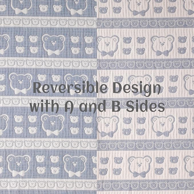 NTBAY 3 Layer Oversized Muslin Cotton Toddler Blanket, Jacquard Reversible Nursery Bed Blanket, Super Soft and Thermal for All Seasons, Baby Gift, 45"x60", Blue Bear