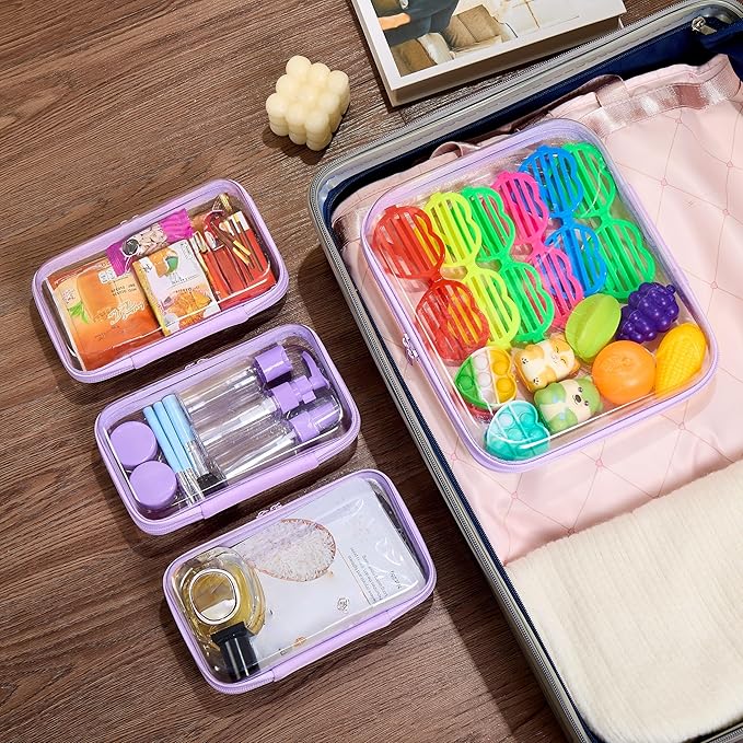 4 pcs Clear Zipper Pouches,Hard Shell Zipper Case, Toiletry Bag for Travel, CLear Diaper Bag, Toiletry Pouch, Travel Organizer, Cosmetic Bag,Toy Storage Bins (M+3S) (Lavender)