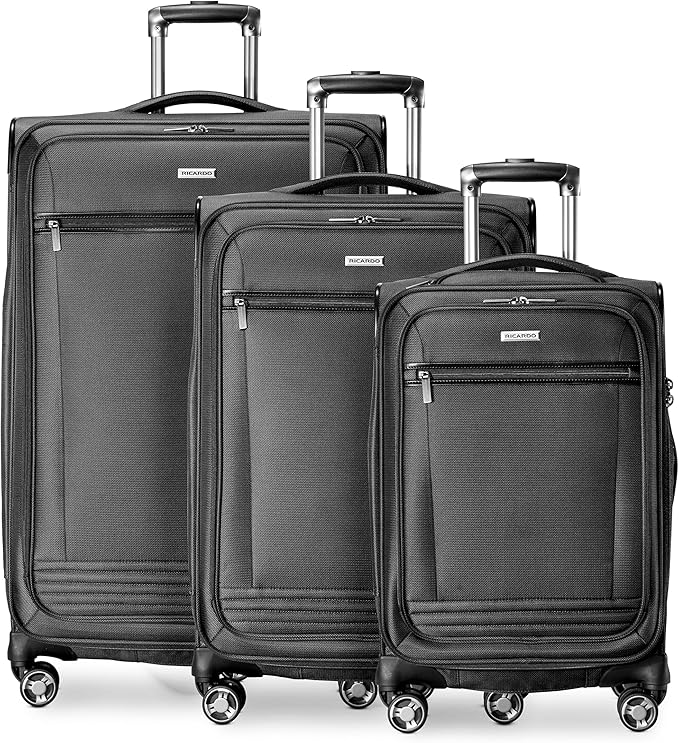 Ricardo Beverly Hills Avalon Softside 3-Piece Luggage Set Made with Sustainable 100% Recycled PET (rPET), Lightweight, Eco-Friendly Travel, Expandable, Dual Spinner Wheels, Black