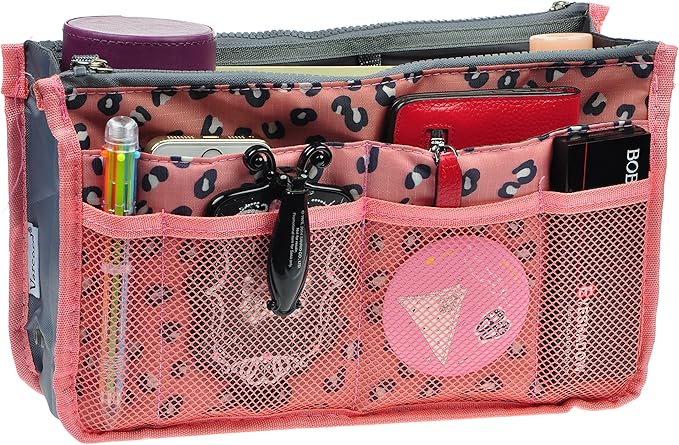 Vercord Purse Organizer Insert for Handbags Bag Organizers Inside Tote Pocketbook Women Nurse Nylon 13 Pockets Pink Leopard Small